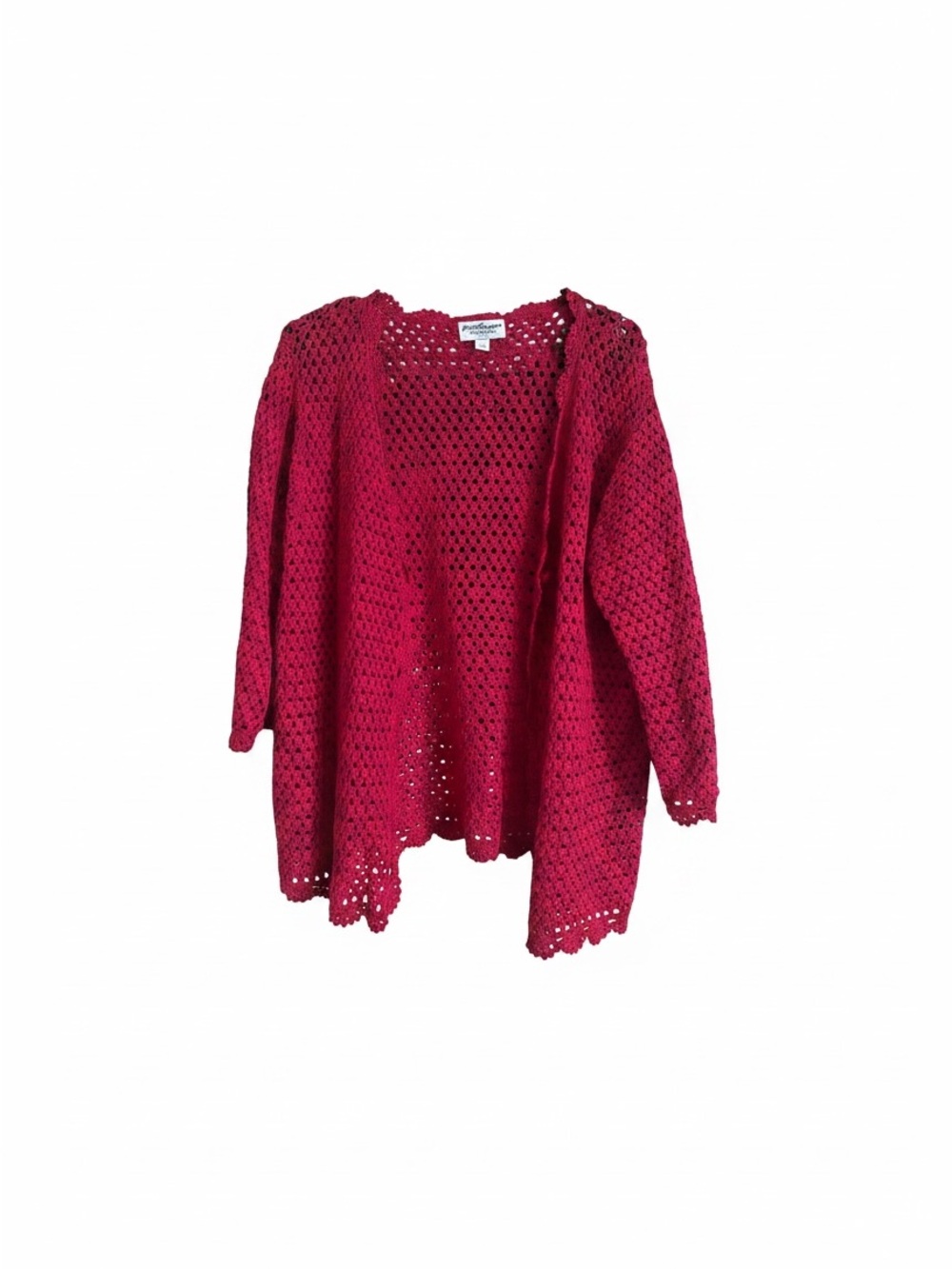 Norm Thompson Open-Weave Crochet Cardigan in Deep Red
